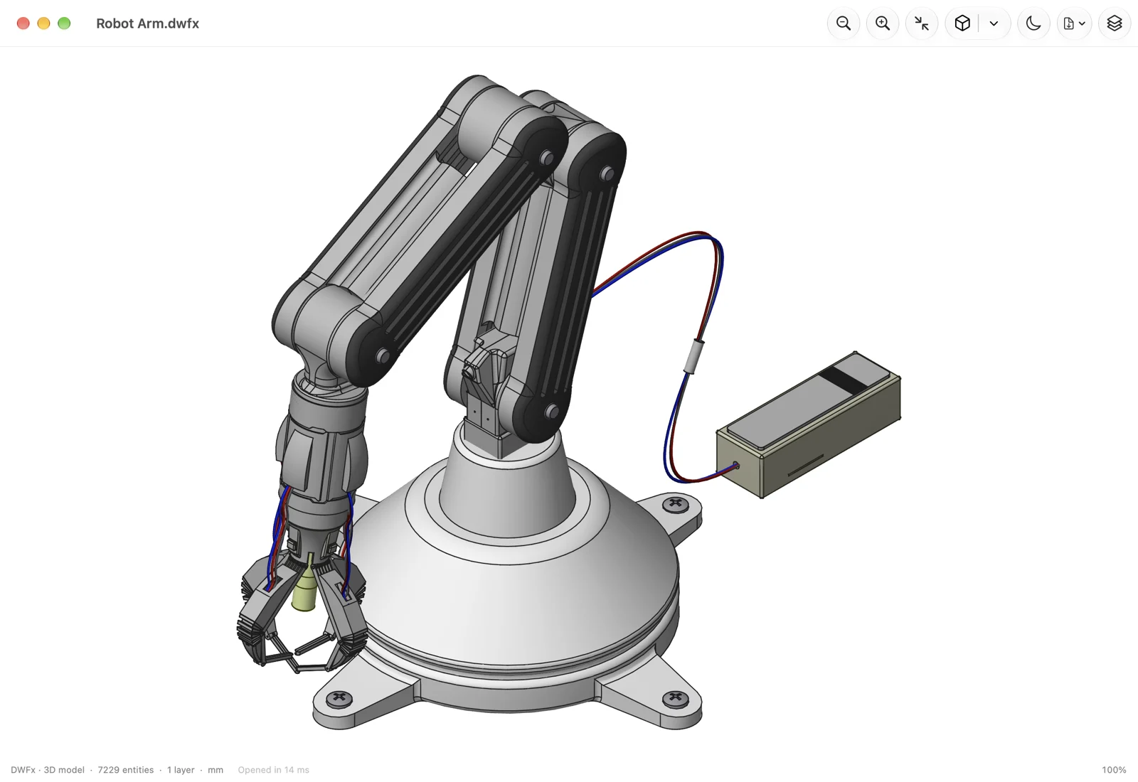DWG Viewer showing a 3D model of a robot arm, shaded, from the south-east isometric view