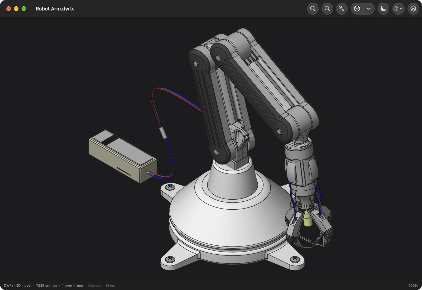 The same robot arm model on DWG Viewer's dark canvas, seen from the south-west