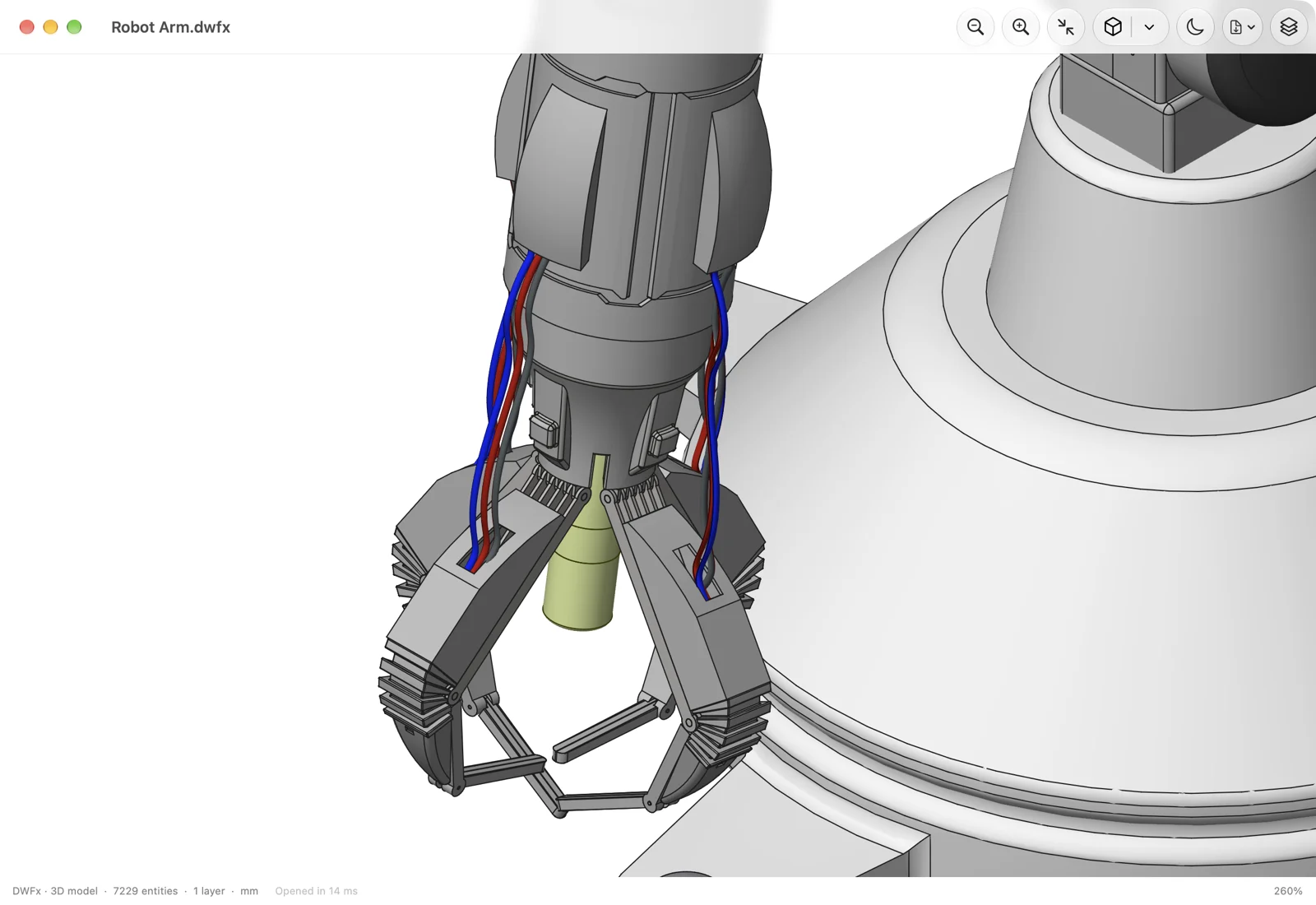 DWG Viewer zoomed in on the robot arm's gripper and its cables
