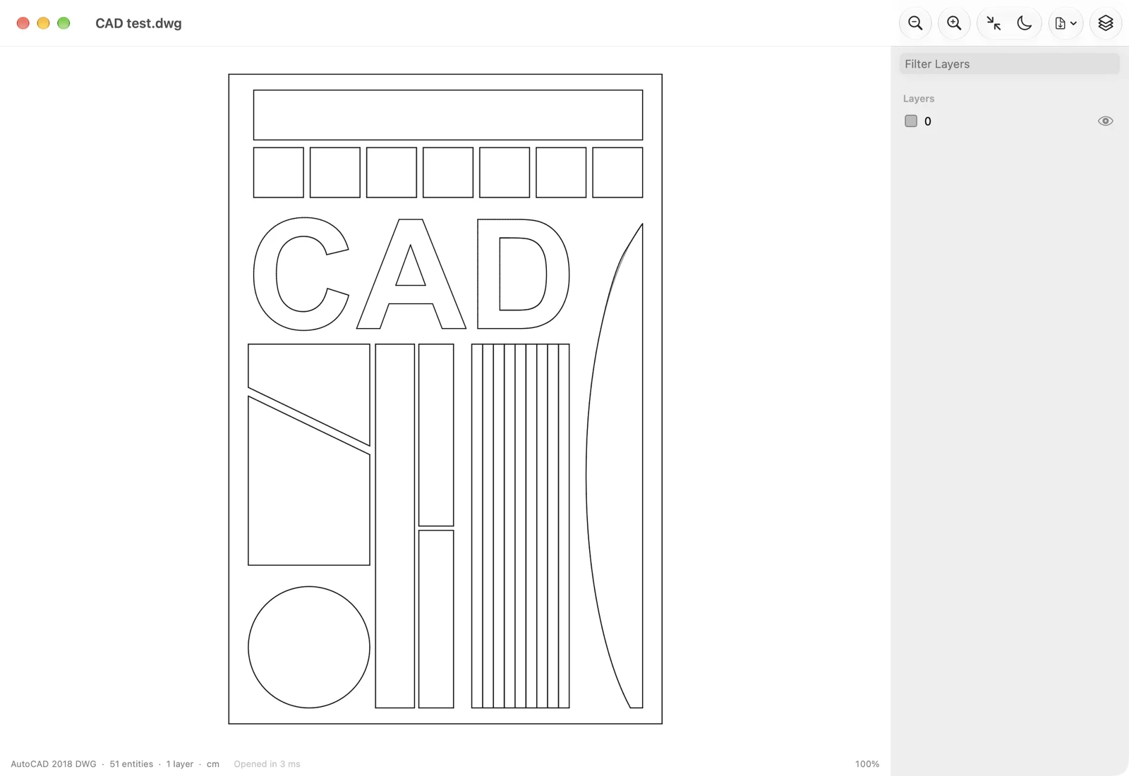 A 2D AutoCAD drawing on DWG Viewer's light canvas, with the Layers panel open