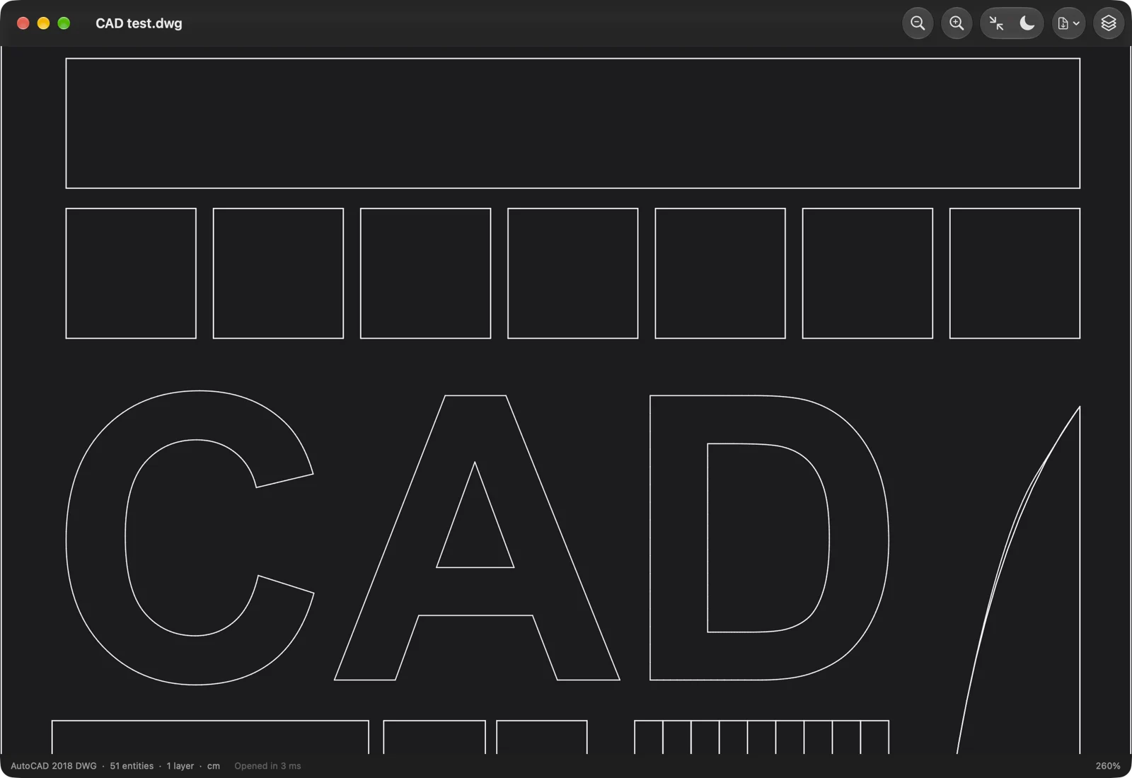 DWG Viewer zoomed in on the letters of a 2D drawing on the dark canvas
