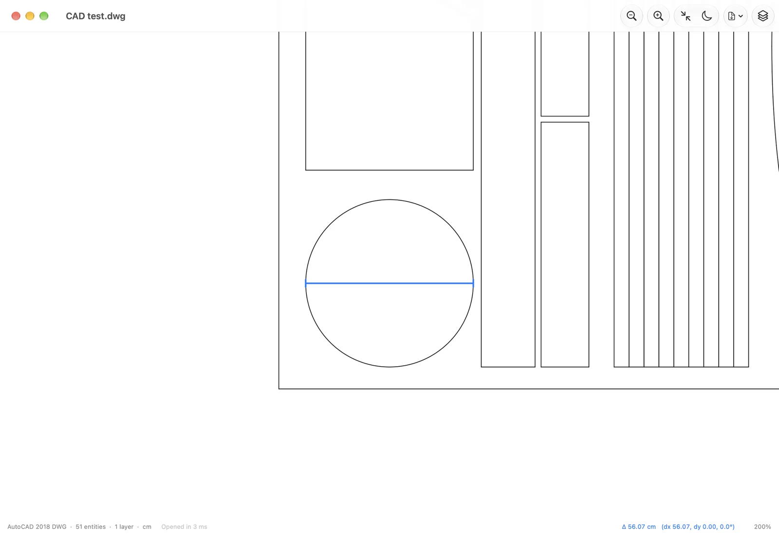 DWG Viewer measuring a circle's diameter as 56.07 cm