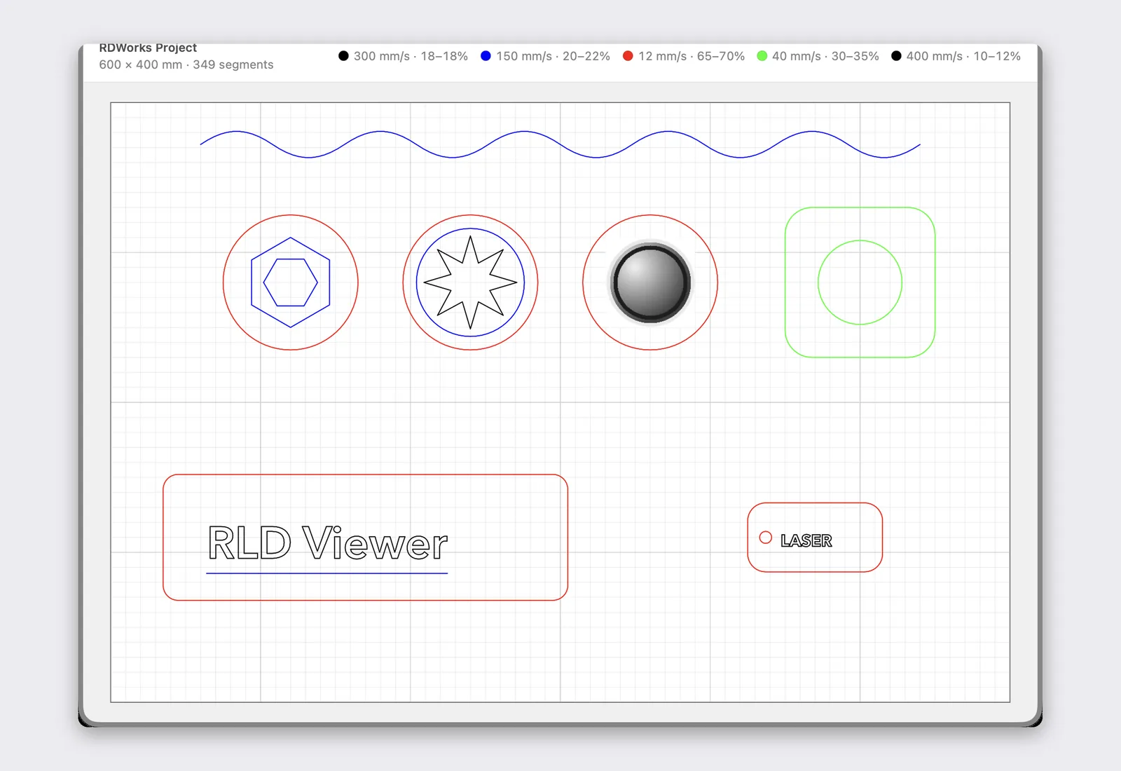 A Quick Look preview of an RDWorks project: the whole page with its cuts, text outlines and an engraving bitmap, and each layer's speed and power in the header