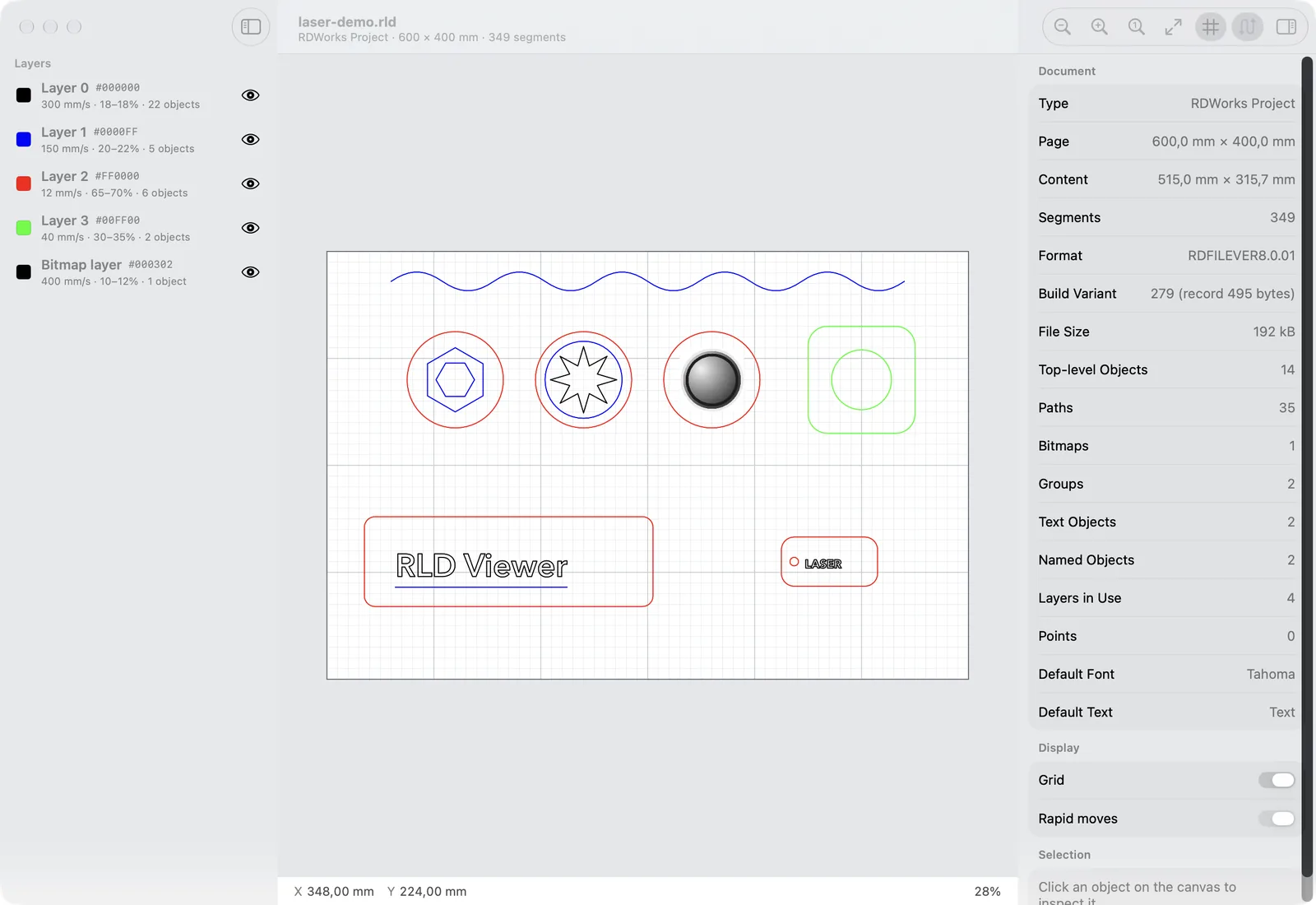 RLD Viewer showing an RDWorks project with coasters, a name plate and a key tag, with the layer list and the inspector open