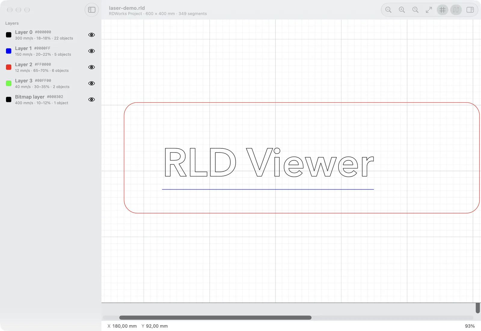 RLD Viewer zoomed in on the text outlines of a name plate, with millimetre coordinates in the status bar