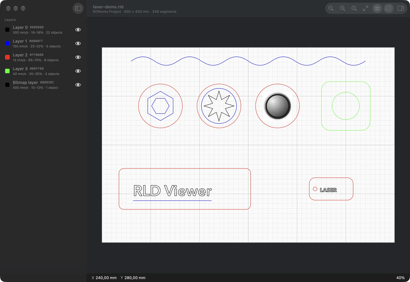 The same RDWorks project in RLD Viewer in dark mode