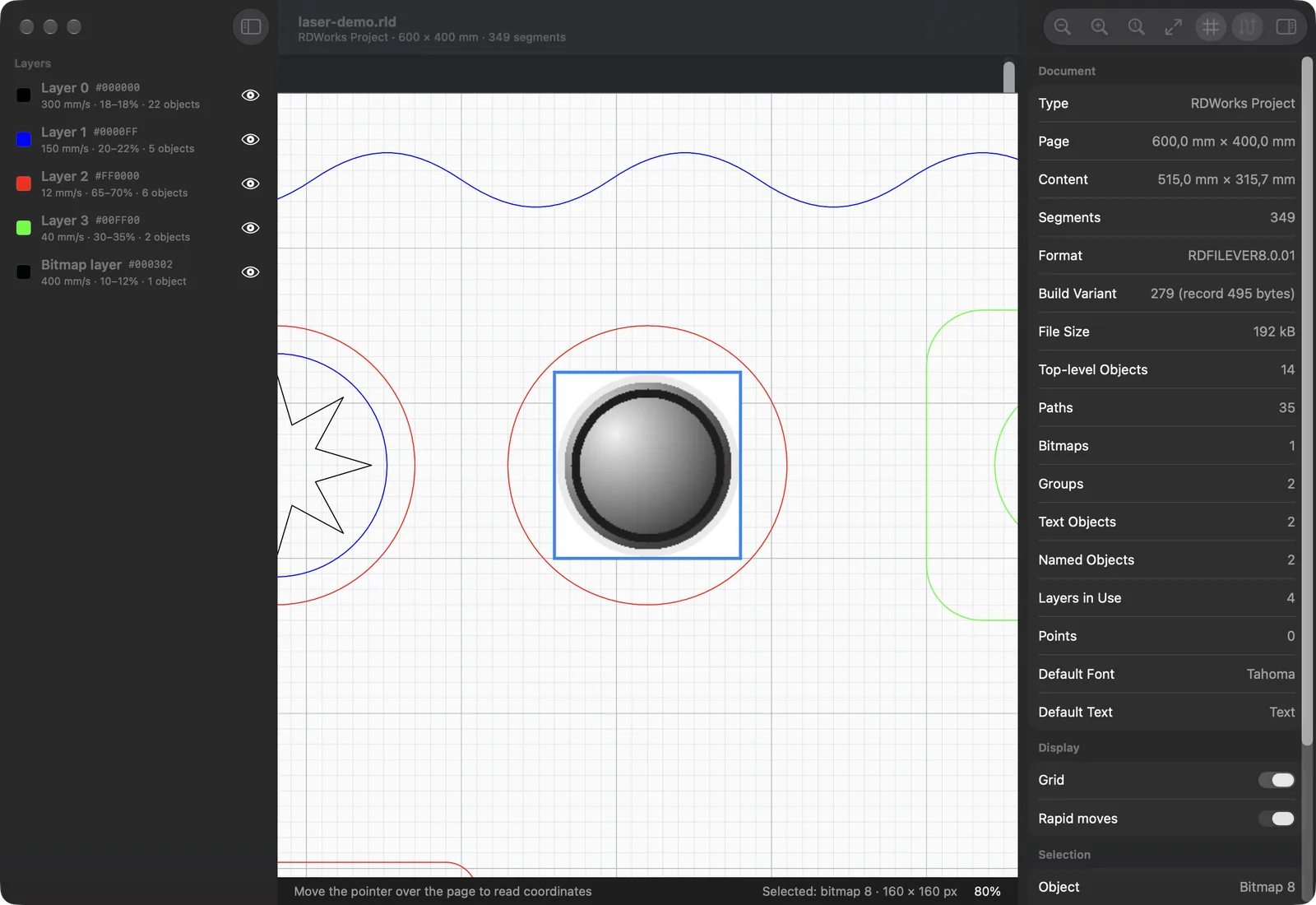 RLD Viewer in dark mode zoomed in on an engraving bitmap inside a coaster, selected, with its pixel size in the inspector