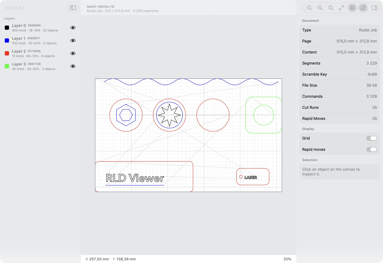 RLD Viewer showing a Ruida .rd job with dashed rapid moves between the cuts