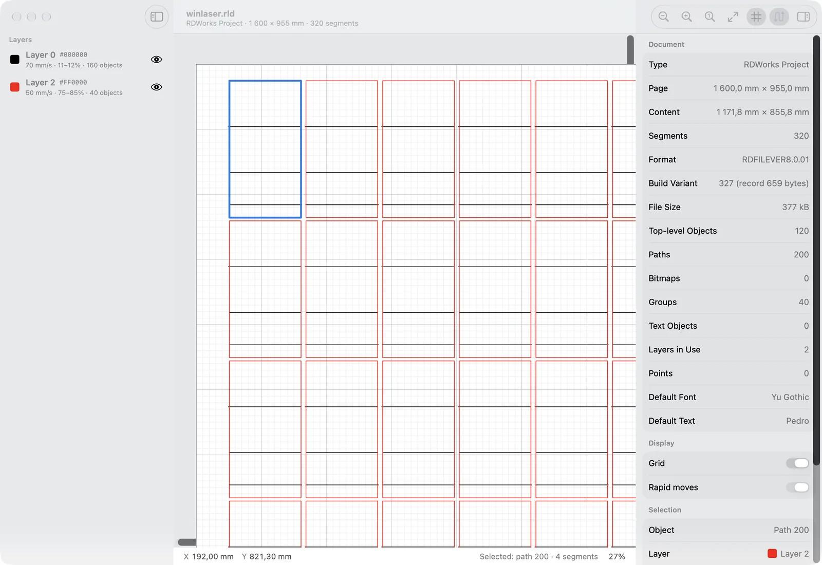 RLD Viewer zoomed in on a laser test grid from RDWorks, with one rectangle selected